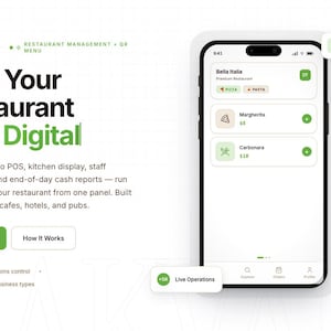 Op de afbeelding: Een smartphone toont een digitaal restaurantmenu met pizza- en pasta-opties. De tekst luidt "Take Your Restaurant Fully Digital". Het systeem biedt QR-menu's, POS en personeelsbeheer.