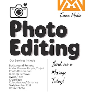 May include: White graphic with the text "Photo Editing" in bold, black letters. The image includes a camera icon and lists photo editing services such as background removal and photo restoration. The Emma Media logo is in orange.