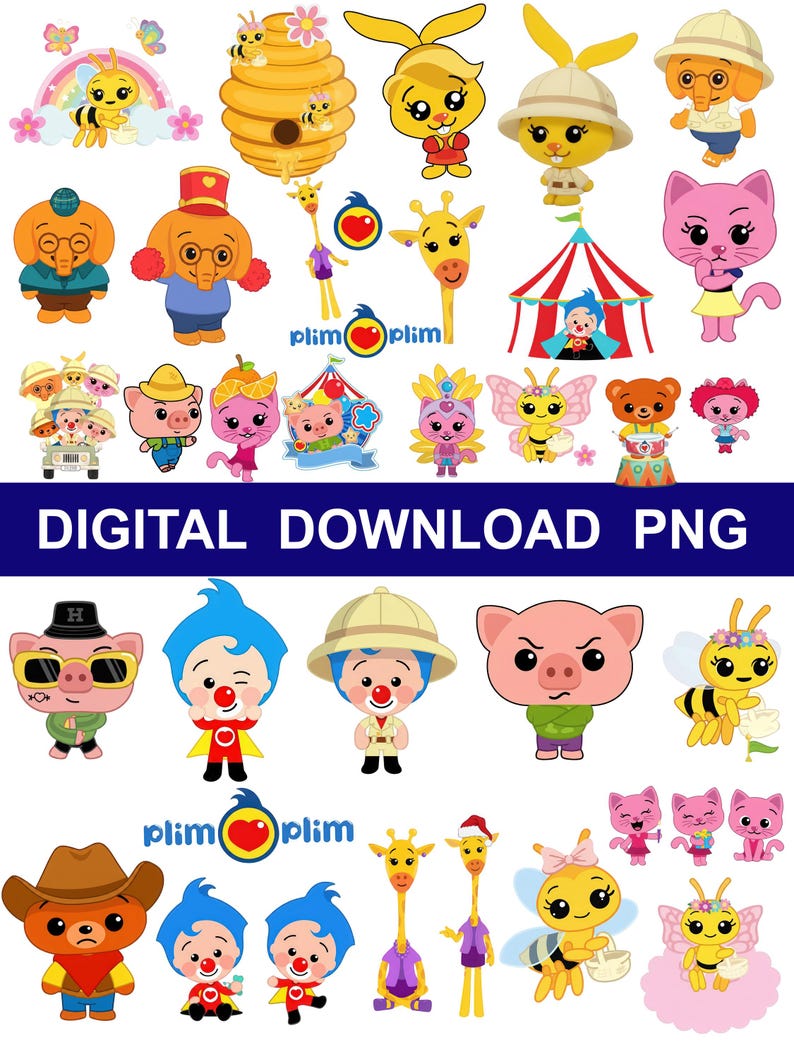 May include: A collection of colorful cartoon characters, including bees, bunnies, elephants, giraffes, pigs, and clowns. The image includes the text "DIGITAL DOWNLOAD PNG". The characters are in various outfits and poses, with a circus tent and rainbow.