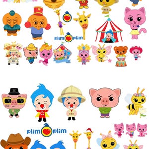 May include: A collection of colorful cartoon characters, including bees, bunnies, elephants, giraffes, pigs, cats, and clowns. The characters are in various outfits and poses, with some holding objects. The image includes the text "plim plim".