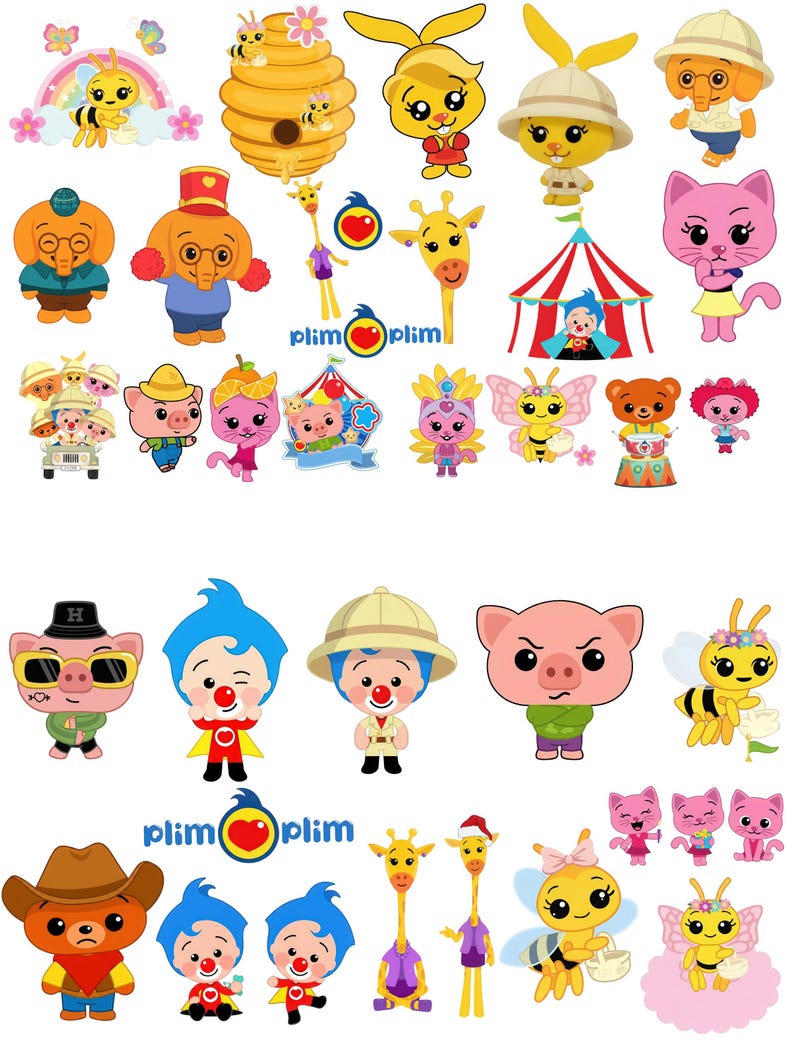 May include: A collection of colorful cartoon characters, including bees, bunnies, elephants, giraffes, pigs, cats, and clowns. The characters are in various outfits and poses, with some holding objects. The image includes the text "plim plim".