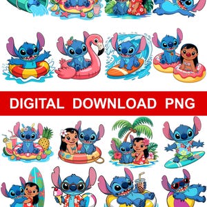 May include: A digital download pack featuring various cartoon illustrations of Stitch and Lilo in a tropical theme. The images include Stitch on a surfboard, in a floatie, and with Lilo. Text on the image reads "DIGITAL DOWNLOAD PNG" and "INSTANT DOWNLOAD PACK."