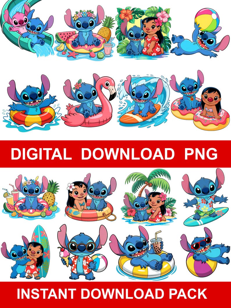 May include: A digital download pack featuring various cartoon illustrations of Stitch and Lilo in a tropical theme. The images include Stitch on a surfboard, in a floatie, and with Lilo. Text on the image reads "DIGITAL DOWNLOAD PNG" and "INSTANT DOWNLOAD PACK."