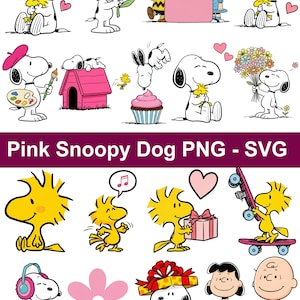 May include: A collection of Snoopy and Woodstock PNG and SVG graphics. The images feature Snoopy in various poses, with flowers, hearts, and holding Woodstock. Other images include Woodstock with a gift, on a skateboard, and Snoopy in a gift box.