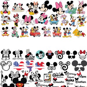May include: A collection of Disney character stickers featuring Mickey Mouse, Minnie Mouse, Pluto, Donald Duck, and Daisy Duck in various poses, outfits, and activities, alongside black and white silhouettes, text designs, and patriotic patterns.