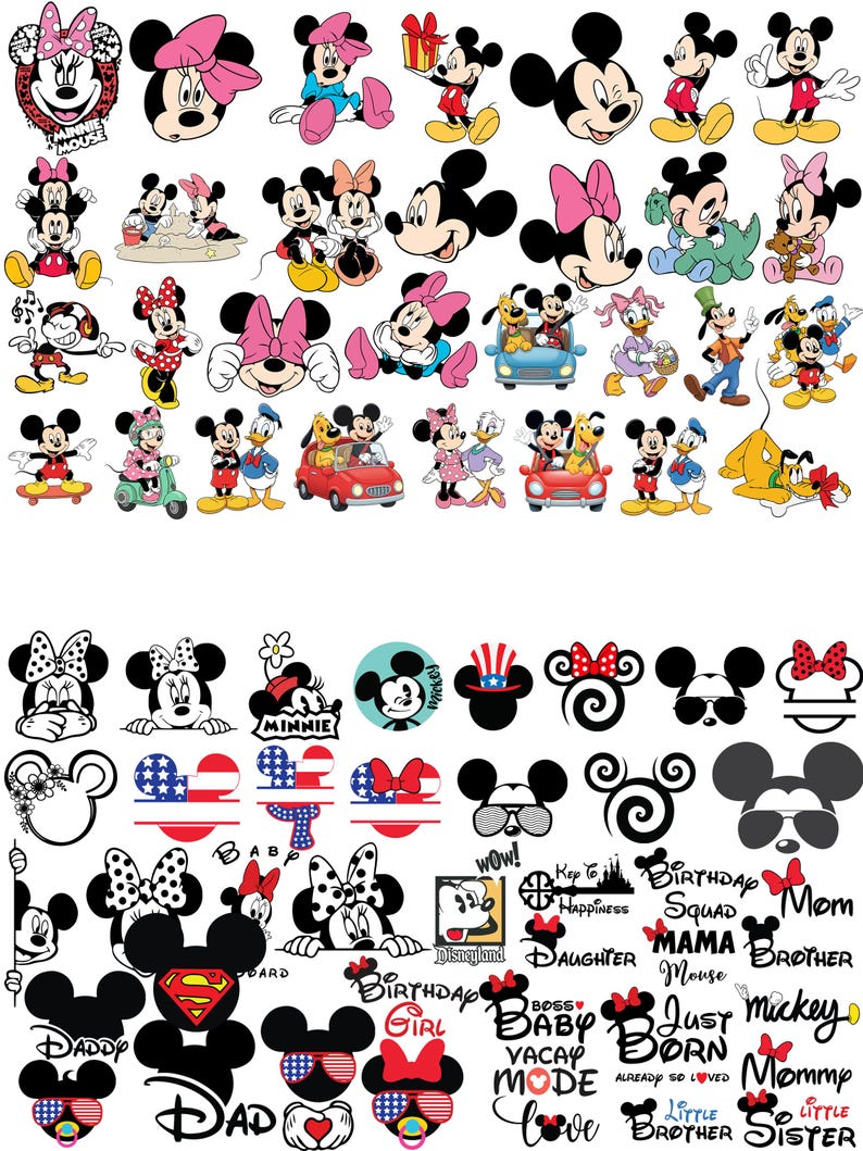 May include: A collection of Disney character stickers featuring Mickey Mouse, Minnie Mouse, Pluto, Donald Duck, and Daisy Duck in various poses, outfits, and activities, alongside black and white silhouettes, text designs, and patriotic patterns.