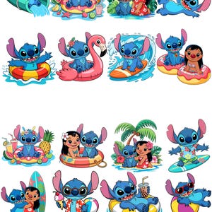 May include: A collection of colorful cartoon stickers featuring the character Stitch from Lilo & Stitch. The stickers depict Stitch in various summer and beach-themed scenarios, including surfing, floating on inflatable rings, and enjoying tropical drinks.