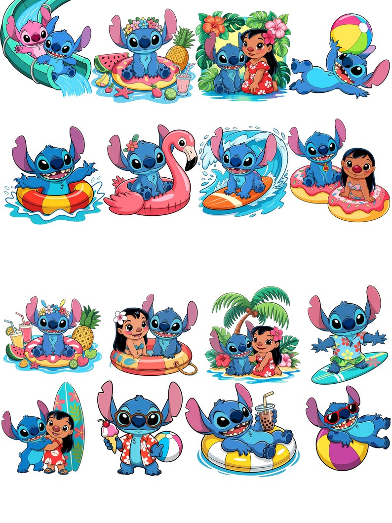 May include: A collection of colorful cartoon stickers featuring the character Stitch from Lilo & Stitch. The stickers depict Stitch in various summer and beach-themed scenarios, including surfing, floating on inflatable rings, and enjoying tropical drinks.