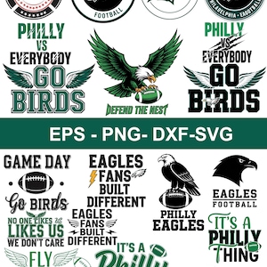 May include: A collection of Philadelphia Eagles-themed designs in green, black, and white. Includes logos, text like "Go Birds," "Philly vs Everybody," and "It's a Philly Thing," and images of eagles and footballs. Ideal for fan merchandise.