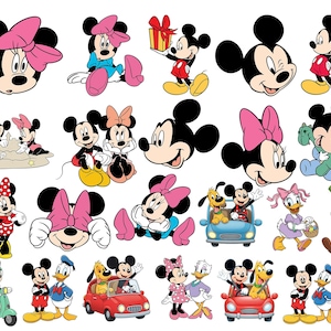 May include: A collection of colorful cartoon illustrations featuring Mickey Mouse, Minnie Mouse, Donald Duck, Daisy Duck, Pluto, and Goofy in various poses, including driving cars, riding a scooter, playing with toys, and standing together.