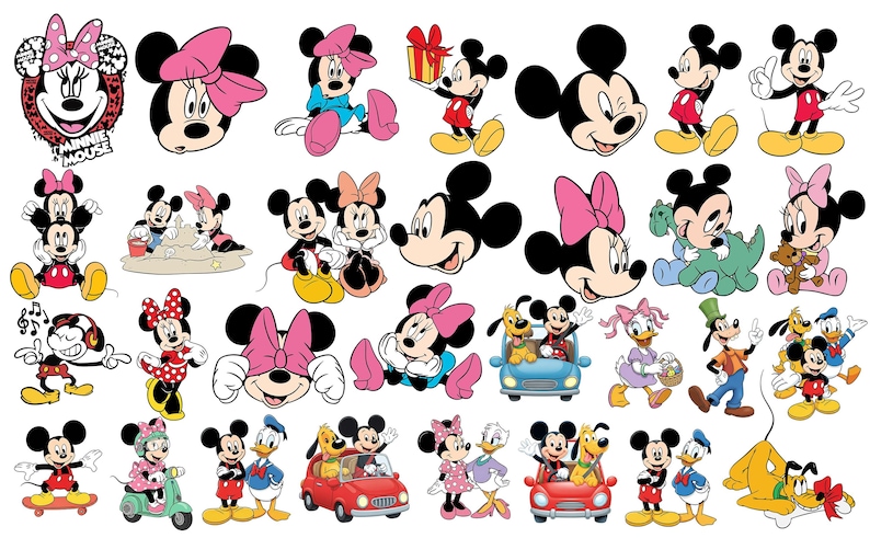 May include: A collection of colorful cartoon illustrations featuring Mickey Mouse, Minnie Mouse, Donald Duck, Daisy Duck, Pluto, and Goofy in various poses, including driving cars, riding a scooter, playing with toys, and standing together.