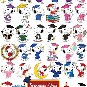 Könnte beinhalten: Eine Sammlung von Snoopy-Hundeillustrationen, die den Charakter in verschiedenen Abschlussoutfits zeigen, mit Doktorhüten und Roben in Blau, Rot, Pink und Schwarz, wie er Diplome haltend, auf Büchern sitzend oder auf einer Mondsichel reitend.