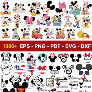 May include: A collection of digital graphic files featuring Mickey Mouse, Minnie Mouse, and friends in various poses, outfits, and activities. The set includes colorful illustrations and black-and-white silhouettes with text like 1000+ EPS - PNG - PDF - SVG - DXF.