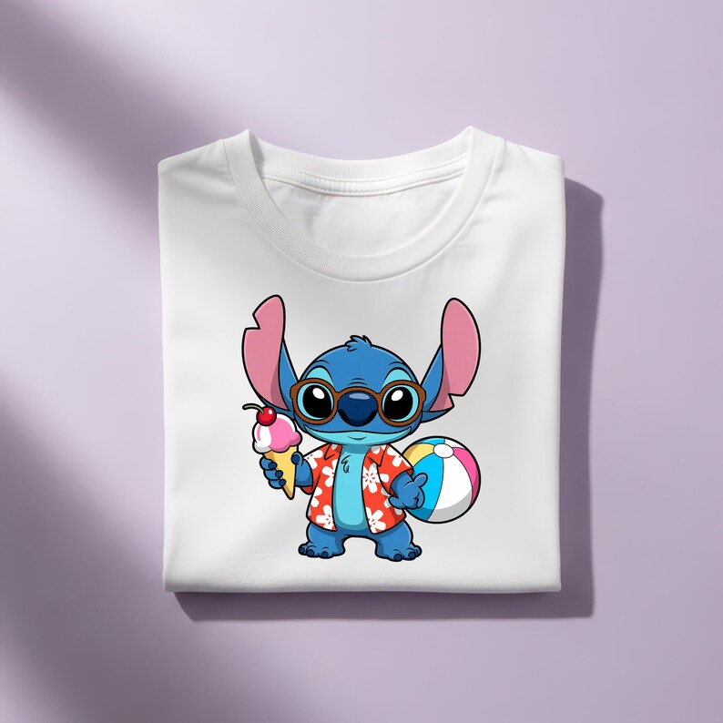 May include: White t-shirt featuring a cartoon character, Stitch, wearing sunglasses and a Hawaiian shirt. Stitch is holding an ice cream cone and a beach ball. The design is colorful and playful, perfect for fans of the animated movie.