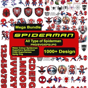 以下が含まれることがあります： スパイダーマンのイラスト、ちびキャラ、クモのロゴ、アルファベットが赤、青、黒で描かれたデジタルデザインバンドル。中央の赤いバナーには「Mega Bundle SPIDERMAN All Type of Spiderman 1000+ Design」というテキストが表示されています。