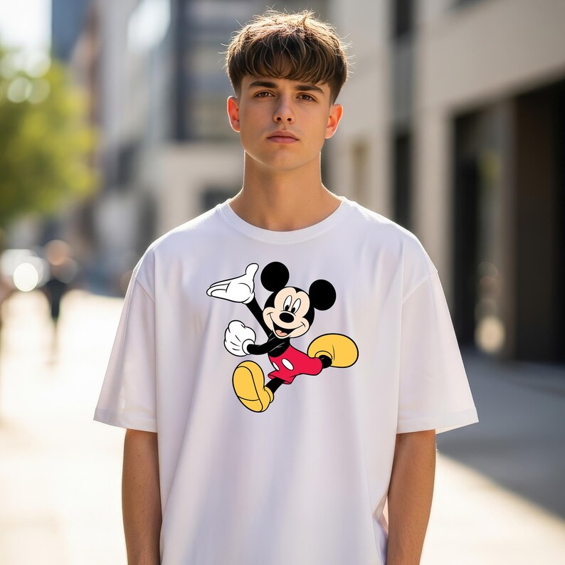 May include: A white short-sleeved t-shirt featuring a graphic print of Mickey Mouse in a dynamic pose. The character is depicted with his signature black ears, red shorts, yellow shoes, and white gloves, centered on the front of the garment.