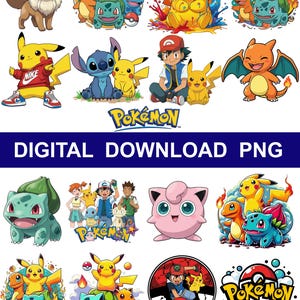 Op de afbeelding: Een digitale download PNG met verschillende kleurrijke Pokémon-personages. De afbeelding bevat Pikachu, Eevee, Bulbasaur, Charmander en anderen, met het woord "Pokémon" en "DIGITAL DOWNLOAD PNG" in de afbeelding.