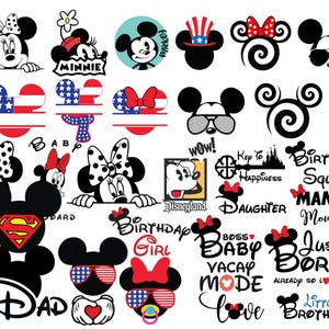 May include: A collection of black, white, and red graphic designs featuring Mickey and Minnie Mouse silhouettes, various patterns, and text including Birthday Squad, Mama, Dad, Disneyland, Key to Happiness, and Just Born, arranged in a grid.
