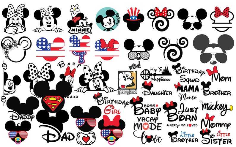 May include: A collection of black, white, and red graphic designs featuring Mickey and Minnie Mouse silhouettes, various patterns, and text including Birthday Squad, Mama, Dad, Disneyland, Key to Happiness, and Just Born, arranged in a grid.