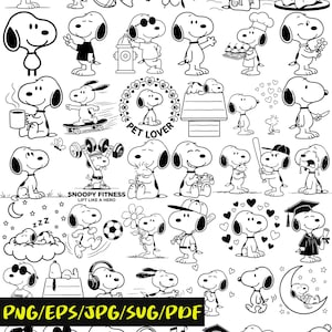 May include: A collection of black and white line art illustrations featuring the character Snoopy in various activities, including sports, reading, and wearing different outfits, with the text "PET LOVER", "SNOOPY FITNESS LIFT LIKE A HERO", and "PNG/EPS/JPG/SVG/PDF".