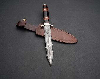 Hand Forged Damascus Kris Dagger | Bull Horn Handle | Leather Sheath