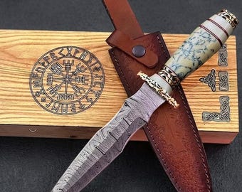 Daga Athame de Damasco forjada a mano / Hoja de acero de Damasco hecha a mano / Funda de cuero / Regalo de coleccionista