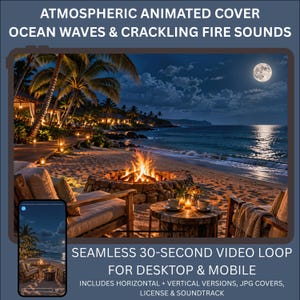 Animated Video Loop 4K 2K Beach Night Ocean Waves Fireplace, Seamless Lo-Fi Live Wallpaper, Streaming Background, Commercial Use
