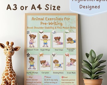Pre-Writing Animal Exercises Kids | Gross Motor  | Physiotherapist Designed | Fine Motor | Pencil Grip |ADHD Autism | Printable A3 A4 Poster