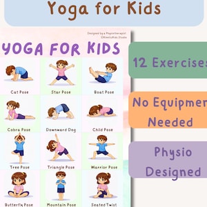 Könnte beinhalten: Ein rechteckiges Lehrplakat mit dem Titel Yoga for Kids, das zwölf illustrierte Yoga-Posen für Kinder zeigt, darunter Cat, Star, Boat, Cobra, Downward Dog, Child, Tree, Triangle, Warrior, Butterfly, Mountain und Seated Twist Posen.