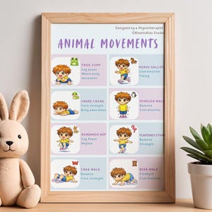 May include: A framed poster titled "ANIMAL MOVEMENTS" features illustrations of children demonstrating animal-inspired exercises. The poster includes exercises like Frog Jump, Horse Gallop, and Crab Walk. A plush bunny and a potted succulent are next to the poster.