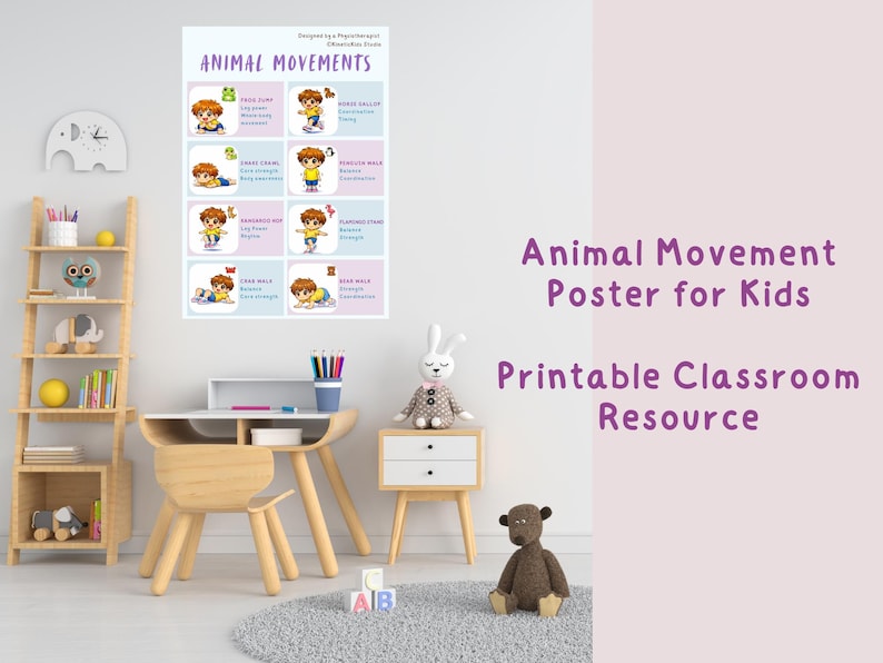 May include: A colorful educational poster titled "Animal Movements" for kids, featuring illustrations of various animal gaits. The poster is displayed in a child's room with a wooden desk, chair, and decorative items.