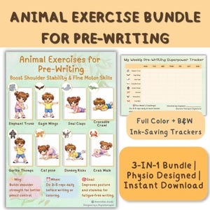 Shoulder Stability Exercises for Pre Writing | Pediatric OT | Gross Motor PDF | Fine Motor Kids Animal Poster and Tracker Printable Bundle