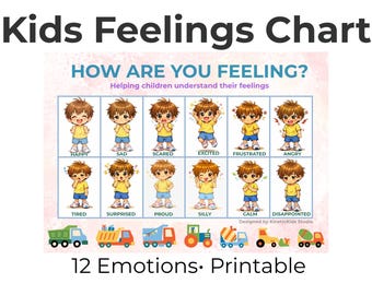 Kids Feelings Chart |12 Emotions |SEL Learning Poster (PDF Download) Classroom Calm Corner |Social Emotional Learning |Transportation themed