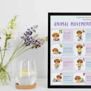 May include: A framed poster with the title "ANIMAL MOVEMENTS" and illustrations of various animal-inspired exercises. The poster is in a black frame and is next to a vase of flowers and a glass of water.