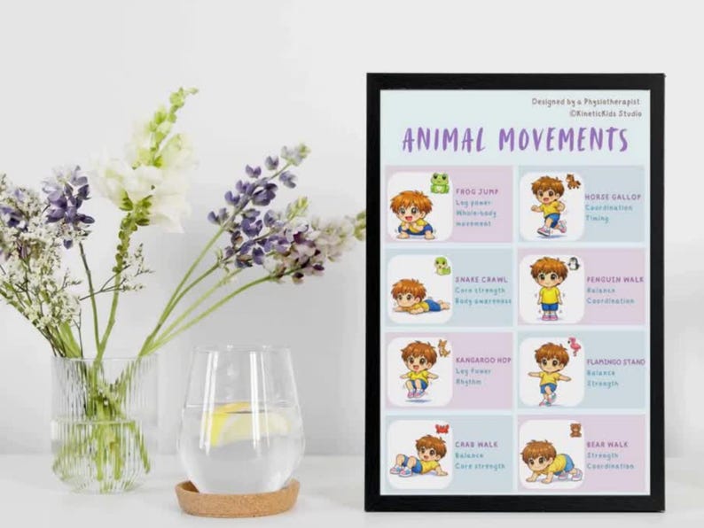 May include: A framed poster with the title "ANIMAL MOVEMENTS" and illustrations of various animal-inspired exercises. The poster is in a black frame and is next to a vase of flowers and a glass of water.