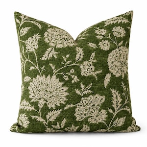Botanical Green Floral Pillow Cover, Hand Block Printed Organic Cotton, Double-Sided Zippered