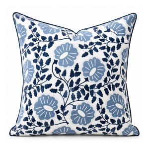 Blue & White Block Print Pillow Cover, Cotton Cushion, Botanical Throw Pillow, Coastal Home Decor