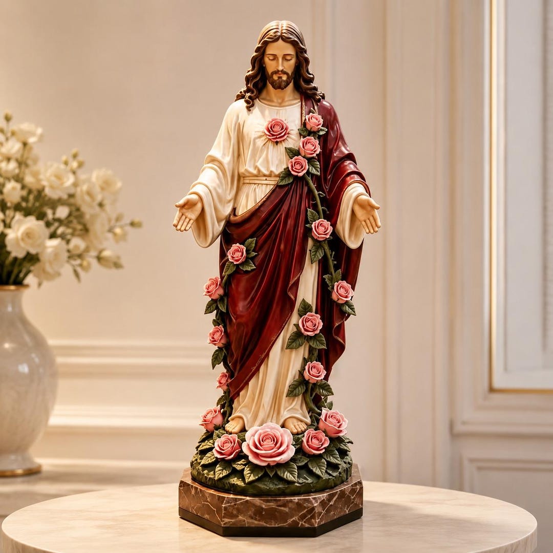 Jesus With Roses Jesus Christ Statue With Roses, Sacred Heart Style Figurine, Christian ...