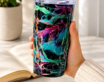Handmade 20 ounce Galaxy Resin Tumbler. Colorful Ink Swirls.