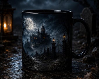 Haunted Castle Nightscape Mug | Spooky Gothic Moonlit Graveyard
