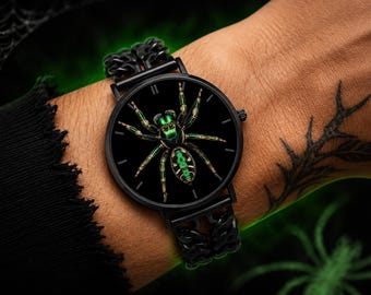 Smaragd Springende Spinnen Uhr, Benutzerdefinierte Initialen Gothic Spinne Liebhaber Geschenk, Natur Inspirierte Quarz Armbanduhr