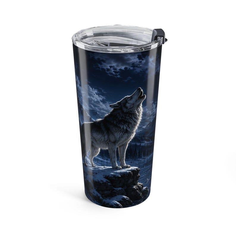 Frozen Wolf Full Moon Tumbler Winter Wolf Travel Mug Moonlit Wilderness Drinkware Arctic Wolf Insulated Tumbler image 1