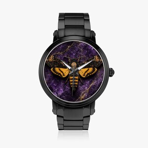 Death's Head Hawkmoth Watch Amethyst Crystal Gothic Timepiece Realistic Skull Moth Watch Purple Gemstone Wristwatch Entomology Gift