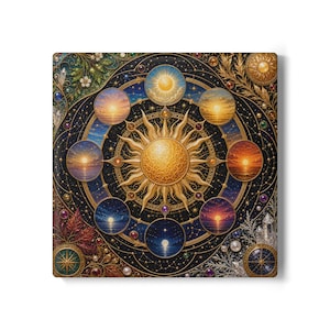 May include: A square wall art piece featuring a central golden sun surrounded by a circular arrangement of eight smaller circular scenes depicting various times of day and night, set against a dark blue background with gold constellations and gems.