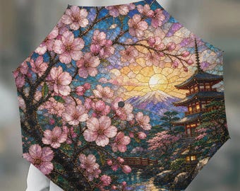 Japan Cherry Blossom Umbrella Heritage Collection | Stained Glass Sakura Travel Umbrella | Japanese Floral Rain Umbrella | Vantaflame