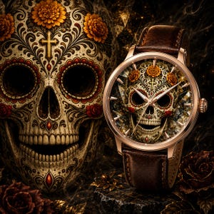 May include: A wristwatch with a rose gold-tone case and a dark brown leather strap. The watch face features a detailed illustration of a decorated skull with orange marigold flowers, a cross, and intricate scrollwork patterns in a dark setting.
