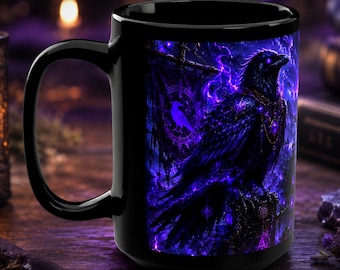 Personalized Raven Mug, Custom Gothic Black Coffee Cup, Raven Hollow Witchy Moon Mug, Dark Academia 15oz Ceramic Mug, Spooky Gift