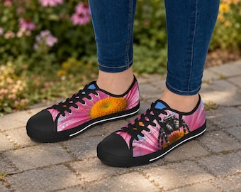 Womens Bold Jumping Spider Pink Flower Low Top Sneakers | Cute Spider Shoes | Floral Nature Lover Shoes