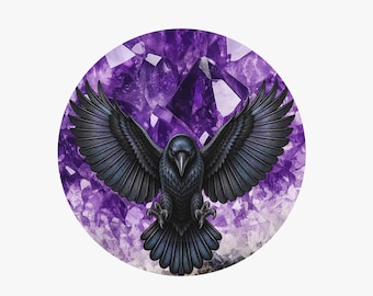 Magnetic Collapsible Grip And Stand – Raven & Amethyst Phone Grip, Gothic Crystal Phone Stand, Corvid Lover Accessory, Purple Gemstone Grip