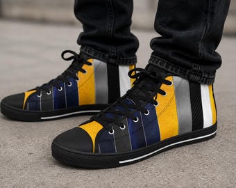 Navy & Gold Striped High Top Sneakers | Luxury Modern Athletic Shoes | Men's Statement Streetwear | Bold Geometric Casual Canvas Shoes